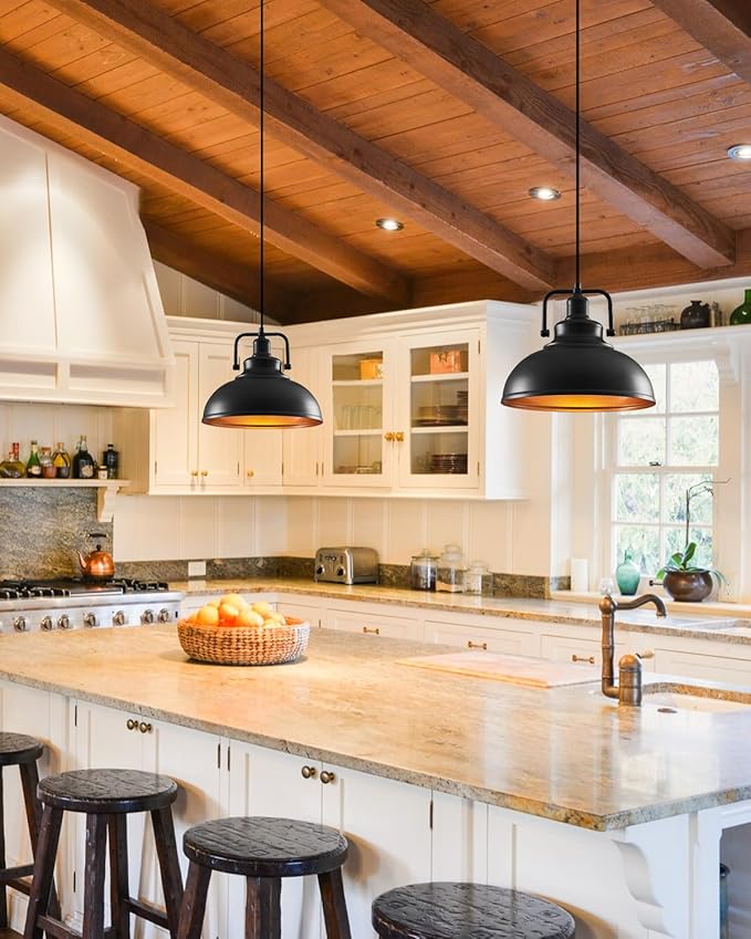 Black Pendant Lights Farmhouse Pendant Light Fixture 11.5in 2 Pack, Adjustable Height, Vintage Pendant Lights for Kitchen Island, Dining Room Barn, Bar, Living Room
