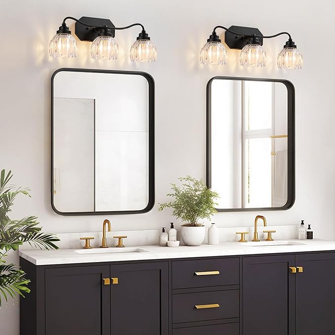 Vintage Bathroom Light Fixtures, 3 Light Bathroom Vanity Light, Black Matte Antique Brass Finish with Crystal Glass Shade, Mid Century Wall Sconces for Bedroom, Living Room, Hallway