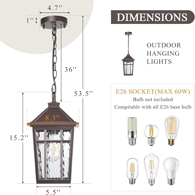 Dusk to Dawn Outdoor Hanging Lantern Lights 15.2 Inch Large Porch Pendant Lights for House Doorway Aluminum Waterproof Outdoor Pendant Light with Water Ripple Glass E26 Socket