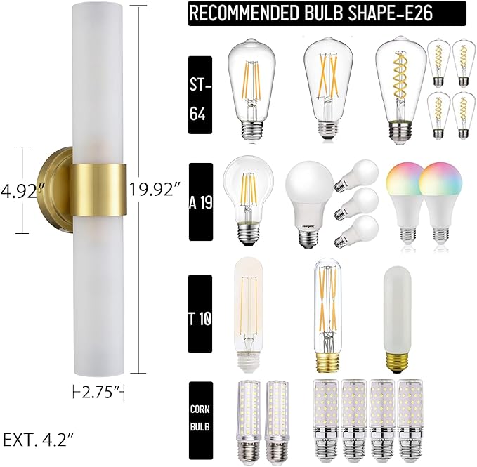 DAYCENT Gold Bathroom Light Fixtures 2-Light Frosted Glass Wall Sconce Modern Brass Glass Wall Light Fixtures Cylinder Vanity Lights Bedside Mirror Lighting for Hallway Bedroom, 20" H
