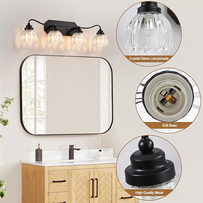 Vintage Bathroom Light Fixtures, 4 Light Bathroom Vanity Light, Black Matte Antique Brass Finish with Crystal Glass Shade, Mid Century Wall Sconces for Bedroom, Living Room, Hallway
