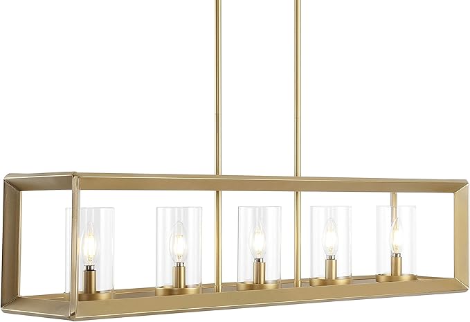 JONATHAN Y 38.5" Brass Gold Linear 5-Light LED Chandelier, Adjustable Clear Glass Shades Modern Pendant Light Fixture for Kitchen Island, Dining Room, ETL Listed (JYL7414C)