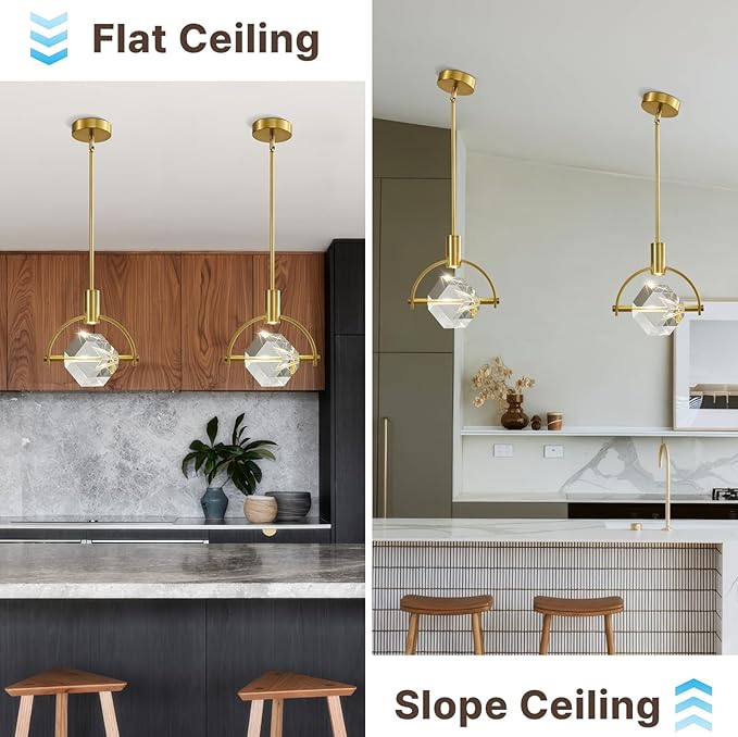 Modern Crystal Led Pendant Light: Semicircle K9 Crystals Hanging Lighting Over Kitchen Island - Brushed Gold Dimmable Pendants Light - Contemporary Pendant Lights Fixture for Sink Bedroom Bathroom
