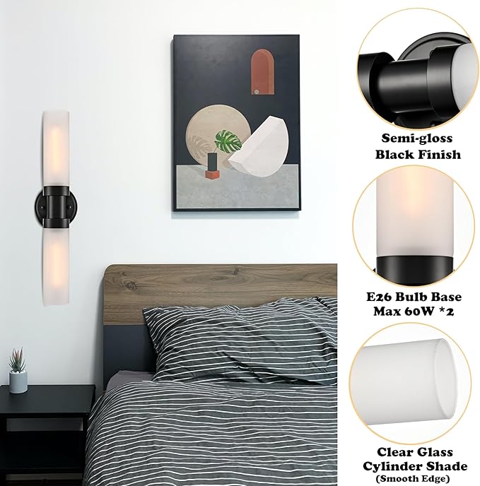 Modern 2-Light Black Wall Sconce, Cylinder Frosted Glass Bathroom Wall Light Fixtures 20-Inch Black Glass Sconces Wall Lighting for Bedroom Living Room Hallway