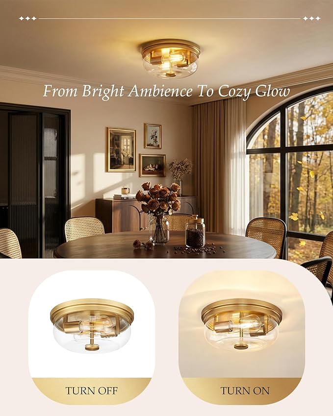 Flush Mount Ceiling Light Fixture, HWH 2-Light Ceiling Light Fixture with Clear Glass, 12 Inch Light Fixtures Ceiling Mount for Kitchen, Bedroom, Bathroom, 5HJX109F BG