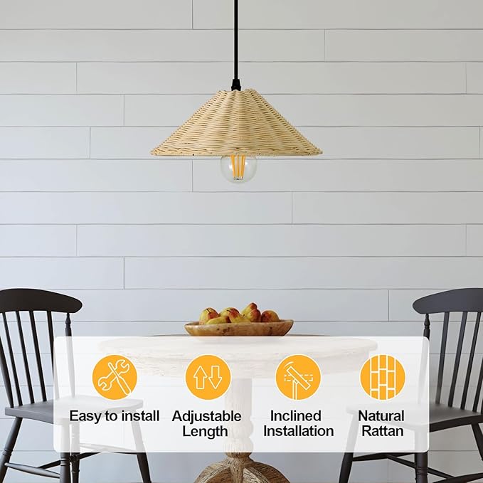 TERLEENART Hard Wired Rattan Pendant Lights Set of 2,Farmhouse Coastal Woven Wicker Ceiling Light with 10.65” Cone Shade, Boho Wired Mounted Hanging Chandelier for Bedroom Dining Room Kitchen Island