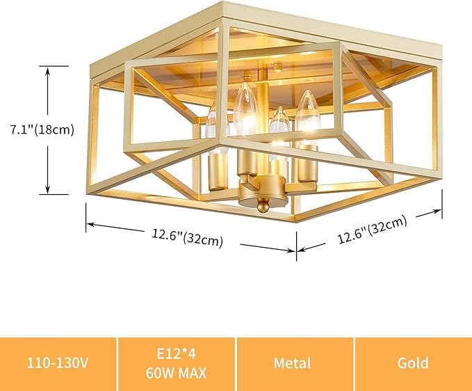 Square Ceiling Light, 4-Light Flushmount Modern Close to Ceiling Light Fixture for Living Room, Bedroom, Dining Room, L13 x W13 x H7 inch, Gold Finish Frame