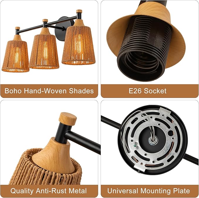 Bathroom Light Fixtures, Boho 3 Light Bathroom Vanity Light Over Mirror with Rattan Woven Wicker Lampshade Rustic Wall Sconce Lighting for Bedroom Kitchen Hallway