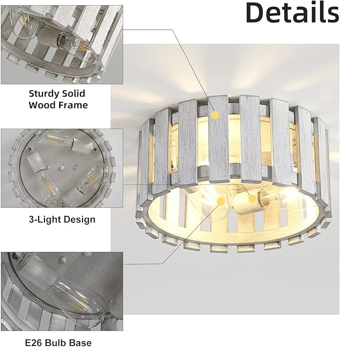 Farmhouse Flush Mount Ceiling Light, 12.2 Inch 3-Light Metal and Wood Close to Ceiling Light Fixture, White Hallway Light Fixtures Ceiling, Rustic Drum Ceiling Light for Kitchen, Entryway, Hallway