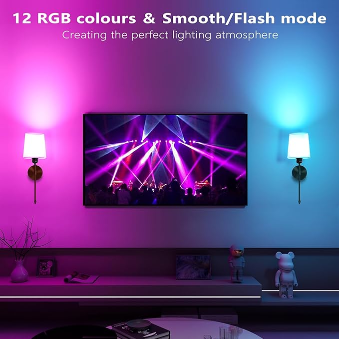 Ouyulong Battery Operated Wall Sconces Set of 2, Wireless Rechargeable Dimmable Wall Light with 5600mAh RGB Bulb and Remote for Bedroom, Living Room, Hallway 24in Black