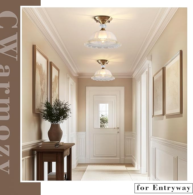 10.6" Milk Glass Semi Flush Mount Light Fixture Brass Gold Modern Hallway Light Vintage Close to Ceiling Light for Bedroom Entryway Kitchen Sink Porch