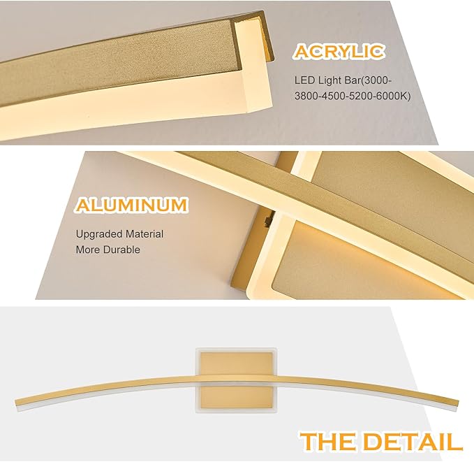 Benkut Modern LED Wall Sconce Gold LED Bathroom Light Fixtures Over Mirror Wall Lighting for Bathroom, Dimmable Long Vanity Light for Bathroom Living Dining Room(5CCT 31.5Inch)