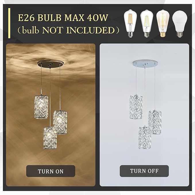 CATINER 3-Light Modern Crystal Pendant Light, Chrome Mini Chandelier – Adjustable Cluster Pendant Lighting Fixture for Kitchen Island, Dining Room, Bedroom, Hallway, Porch