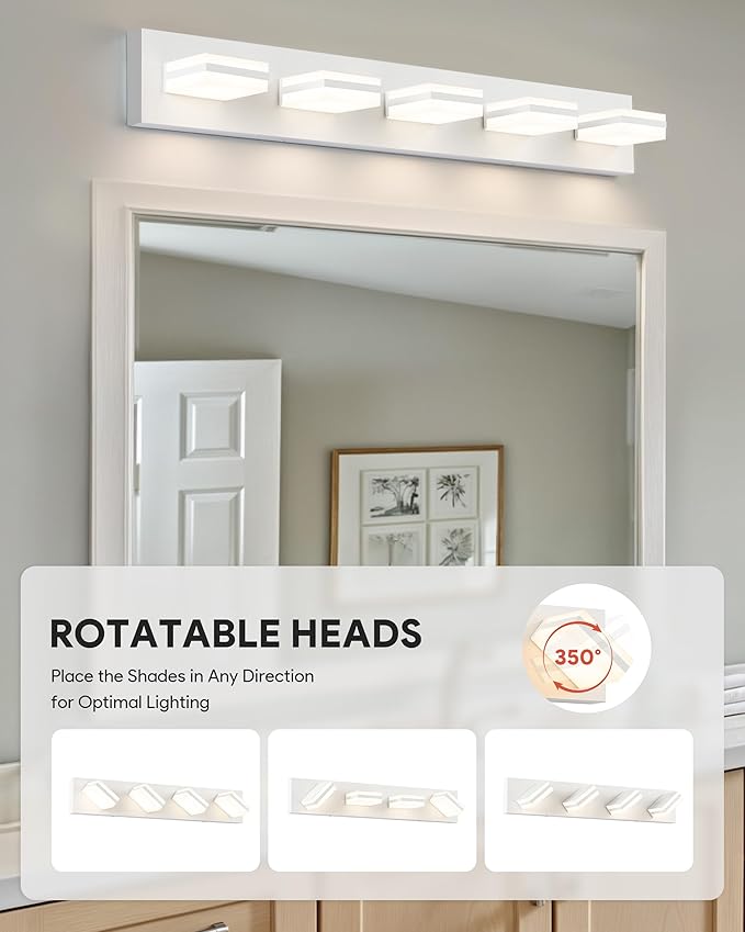VONLUCE Bathroom Vanity Light Fixture, 5-Light Modern LED Vanity Light, 3CCT Adjustable Bathroom Lights with Memory Function Rotatable Shades, 34" Wall Lighting Fixture Over Mirror, Matte White