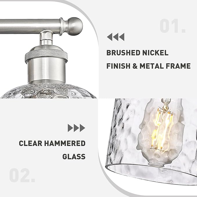 zeyu 27 Inch Bathroom Wall Light Over Mirror, 4-Light Vanity Lighting Fixture, Brushed Nickel Finish with Clear Hammered Glass, ZJF63B-4W BN