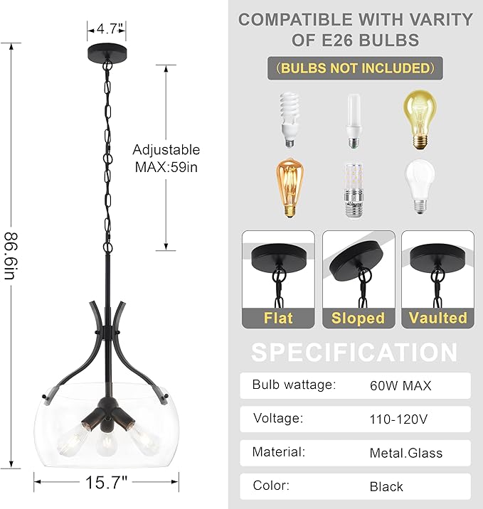 15.7" Glass Chandelier,3-Light Modern Black Chandelier with Clear Glass Shade,Farmhouse Round Hanging Light Fixture for Dining Room Kitchen lsland Hallway Foyer