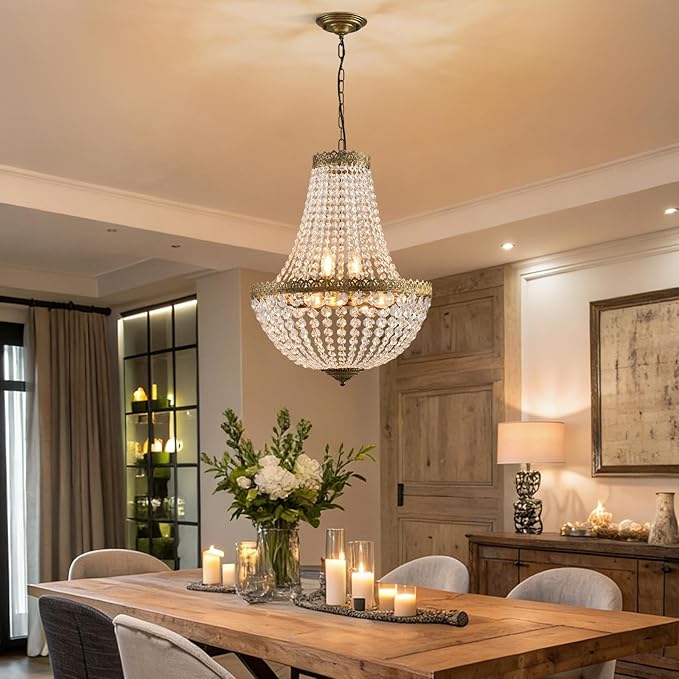 6 Lights French Empire Crystal Chandelier Farmhouse Pendant Lighting, Antique Brass Ceiling Light Fixture for Dining Room Bedroom Foyer Living Room, W18.5 x H25.6
