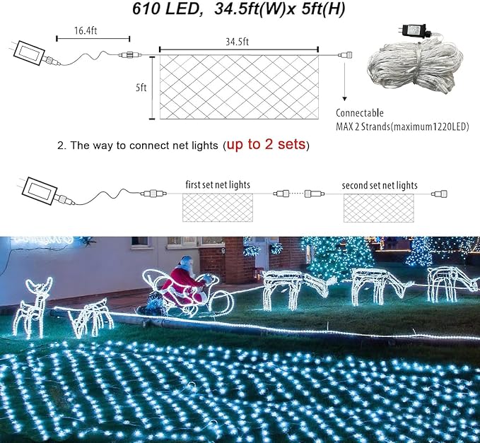 Pooqla 610 LED Christmas Net Lights, 34.5x5ft Outdoor Mesh Lighting, 8 Modes Waterproof Connectable Twinkle Strings for Bushes Yard Decor, Cool White