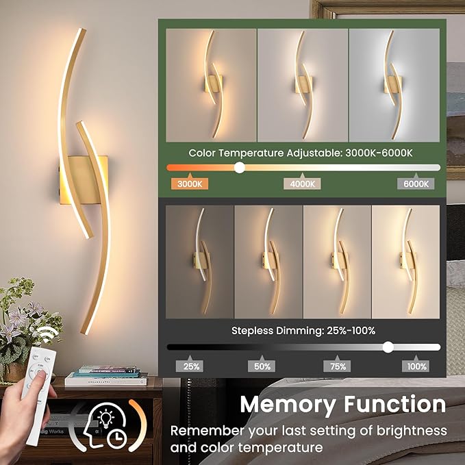 Battery Operated Wall Sconce,Gold Wall Sconces with Remote Control,3000K-6000K Modern LED Wireless Wall Light for Living Room, Hallway, Bedroom, 39.3 Inch