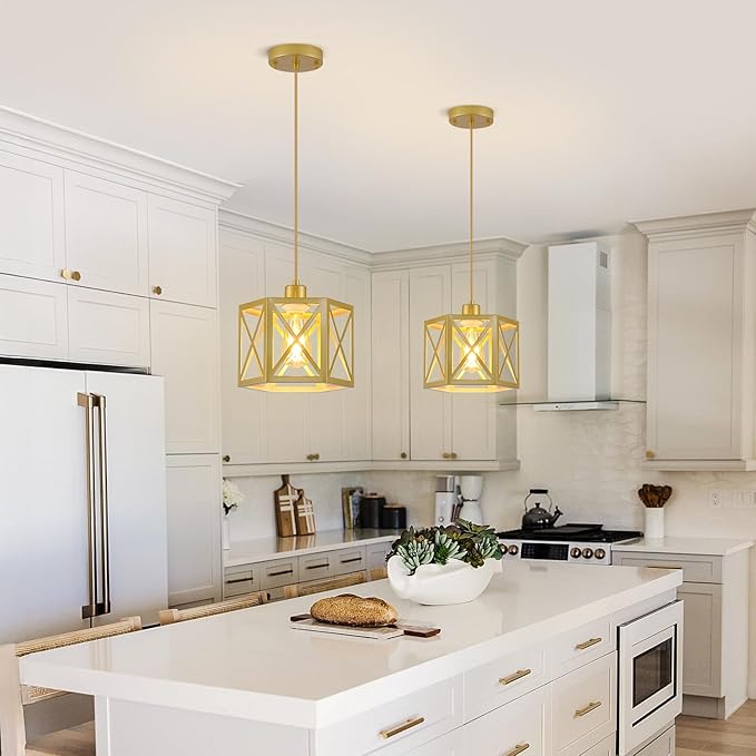 XSDeTu 2 Pack Gold Pendant Lights, Modern Farmhouse Hanging Light Fixture with Hexagonal Cage, Vintage Brass Metal Ceiling Lights, Adjustable Lantern Pendant Lighting for Kitchen Island Sink Hallway