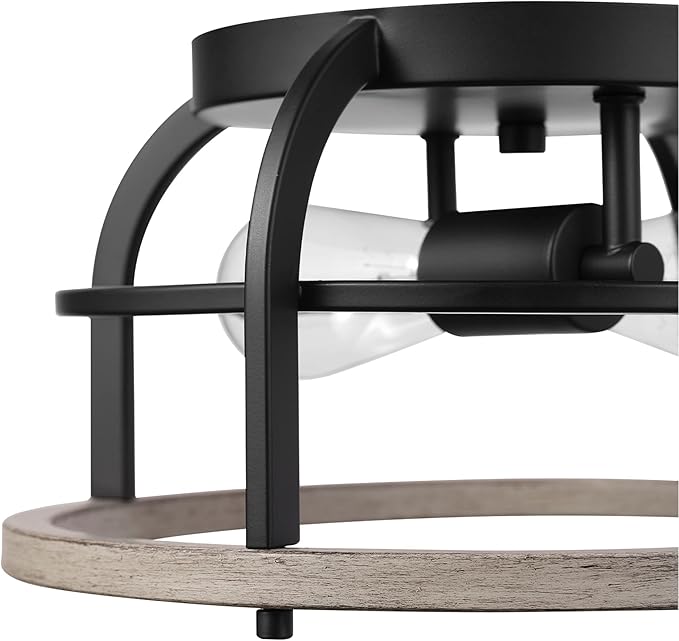 GLOBE Electric 65888 Shilah 2-Light Flush Mount Ceiling Light, Matte Black, Faux Wood Accents