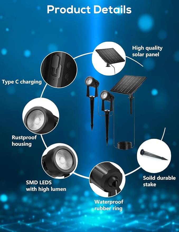 ZYAN Solar Landscape Spotlights, Separate Monocrystalline Panels & USB-C Powered 10800mAh Auto On Off Dusk to Dawn, Outdoor IP65 Waterproof, Warm White for Yard Path Patio (8 Pack)