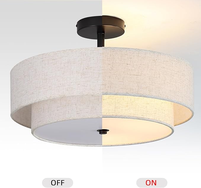 16.5 inch Semi Flush Mount Ceiling Light with Natural Linen Shade, 3-Light UL Listed Fixture with E26 Socket (No Bulb Included) for Bedroom, Kitchen, Living Room