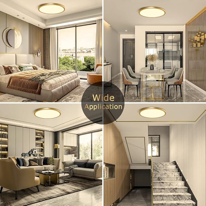 12Inch LED Ceiling Light Fixture Flush Mount, 24W(240W Equivalent), 3200LM, 3000K Warm White, IP40, Flat Modern Round Ceiling Light for Bedrooms, Living Rooms, Bathrooms, Stairwells, etc.(Gold)