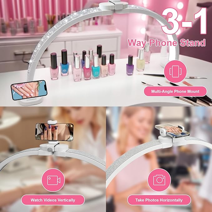 Half Moon Light for Nail Desk 31" Foldable LED Nail Desk Lamp with Phone Holder, Professional Nail Tech Light for Manicure & Beauty Studio