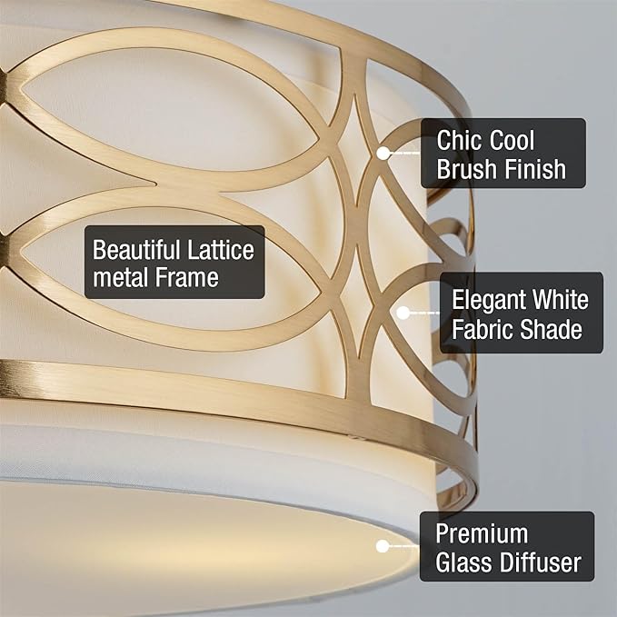 Kira Home Sienna 15" Modern Lattice Drum Gold Semi-Flush Mount, 3-Light Gold Ceiling Light with White Linen Shade & Glass Diffuser, Cool Brass Finish