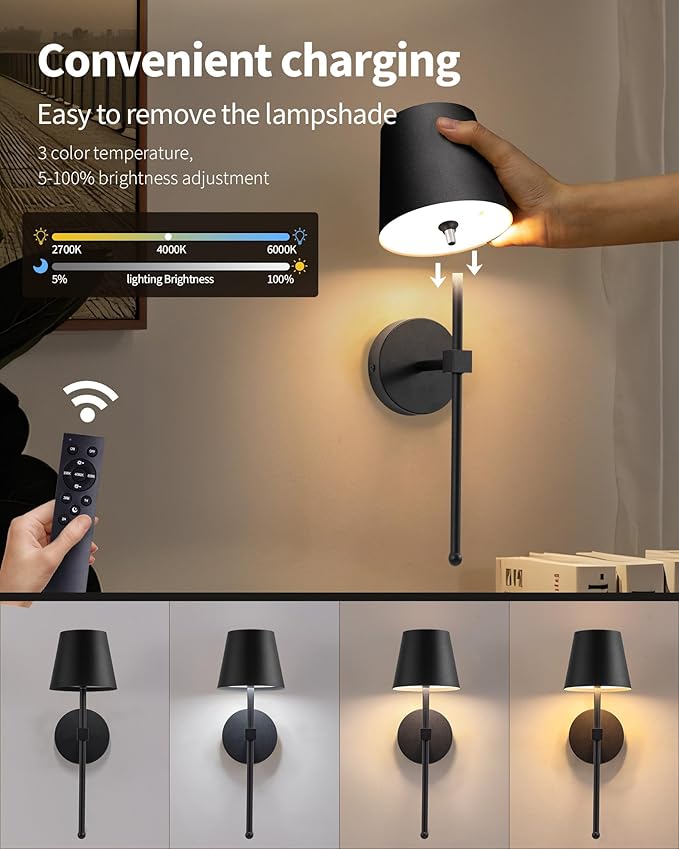 KDG Cordless Wall Sconces Set of 2, Wireless 5200mAh Rechargeable Battery LED Wall Lamps, Wall Lightings for Wall Painting, Outdoor, Garden, Living Room, Bedside, Hallway, Gifts, Night Light (Black)