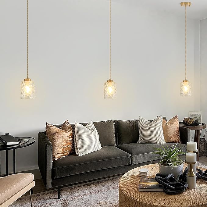 MWZ Gold Pendant Lights Kitchen Island 3 Pack, Modern Hanging Kitchen Pendant Lighting Over Sink with Hammered Glass Shade,Small Chandeliers Fixtures Adjustable Cord Hanging Lighting for Dining Room