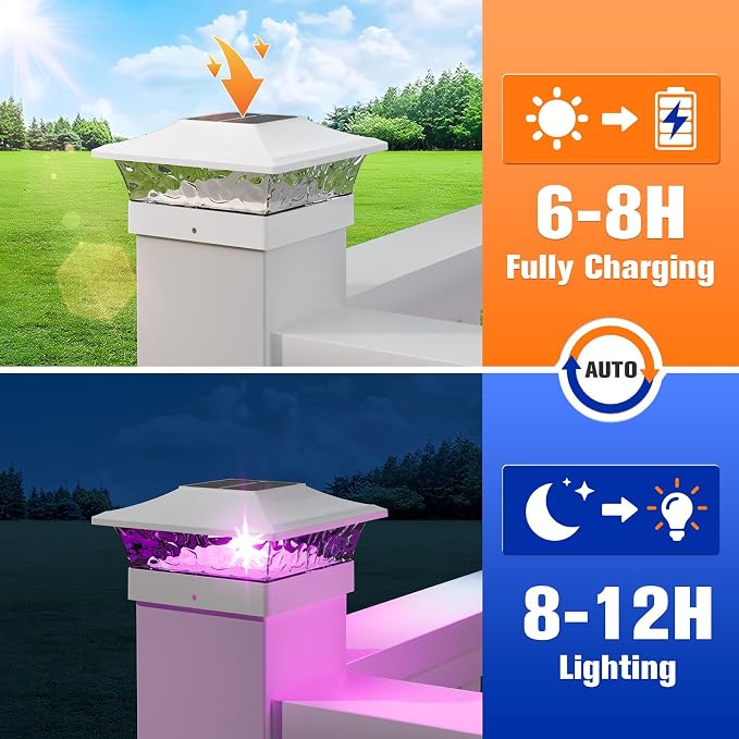APONUO Solar Post Cap Lights with 8 RGB Solid Colors & Multicolor Flow - 4 Pack Fence Post Solar Lights, IP65 Waterproof - Fits 4x4 5x5 6x6 Wood & Vinyl Posts - White