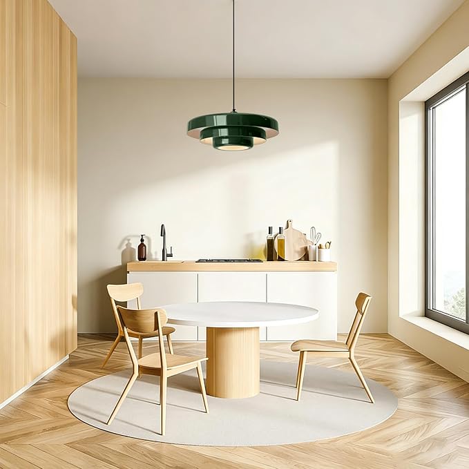 Plug-in Green Pendant Light, Mid Century Hanging Lamp Fixtures with Pulley and Plug in Cord 3-Layer Shade Nordic Style Pendant Lighting Metal Shade for Living Room Dining Room Bedroom Kitchen Island