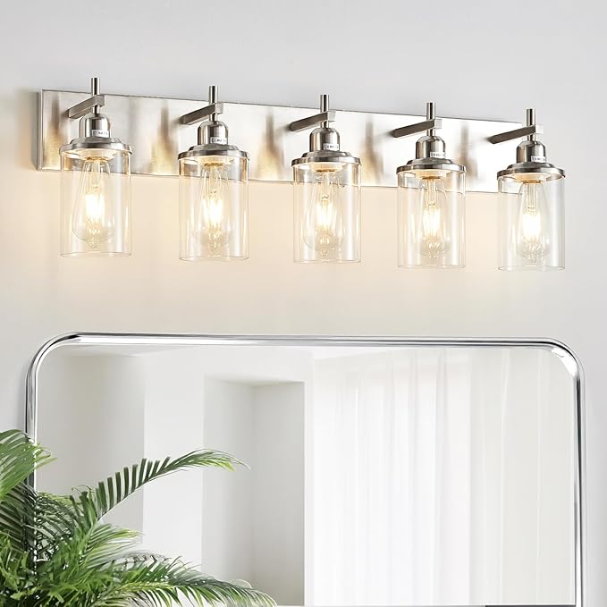 Lanhall 5-Light Brushed Nickel Bathroom Light Fixture Over Mirror Modern Bathroom Vanity Light Vintage Wall Lighting with Clear Glass Shade for Bathroom, Bedroom, Hallway, Cabinet