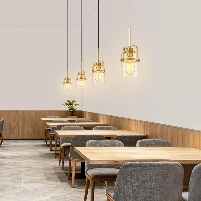 Modern Brass Pendant Lights Kitchen Island Light, Adjustable Hanging Light Fixture with Clear Glass Shade, Farmhouse Pendant Light for Dining Room Bar Over Sink/Table/Counter, 2 Pack