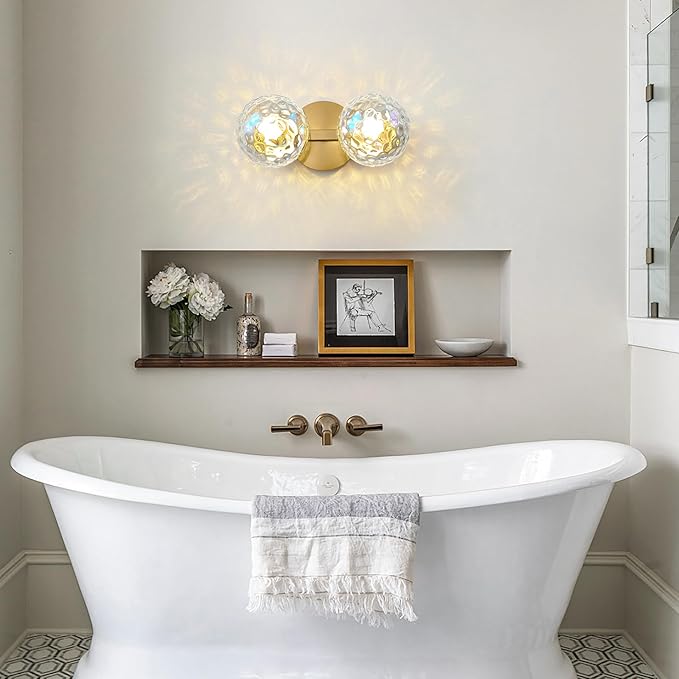 Gold Bathroom Vanity Light Fixtures: Modern Wall Scones With 2 Hammered Stained Glass Shades - Globe Makeup Lighting Fixture over Mirror - Brass Ball Powder Room Vanities Lights for Hallway Bedroom
