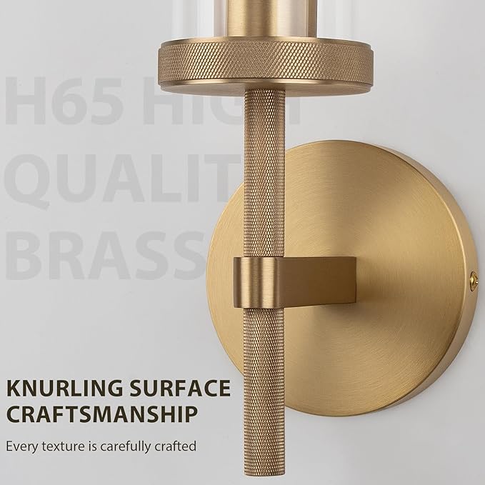 15" Knurled Brass Wall Sconce with Clear Glass Tube, Gold Bathroom Vanity Light Fixtures, Modern Lamp Lighting for Bedroom, Living Room, Hallway, Staircase, Mirror, Kitchen