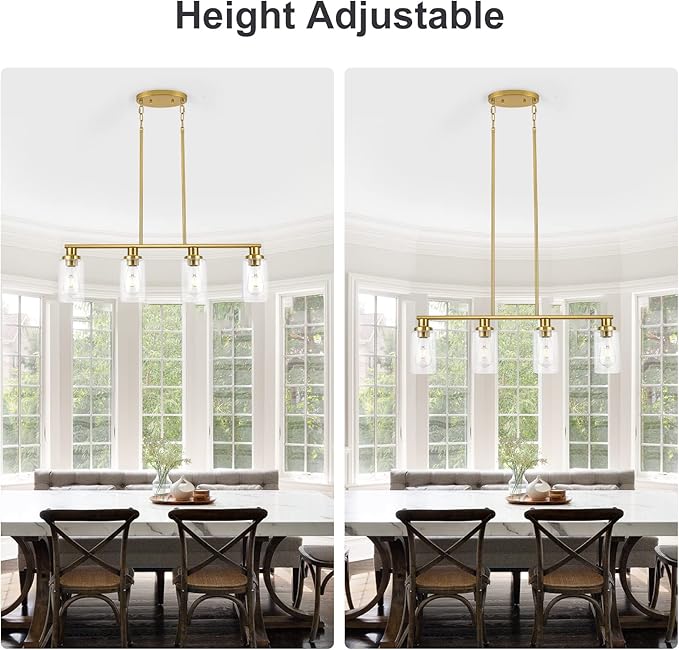 Kitchen Island Lighting, 4-Light Dining Room Light Fixtures Over Table,Gold Linear Chandelier for Dining Room Hanging,Pendant Lights Kitchen Island with Clear Glass Shade
