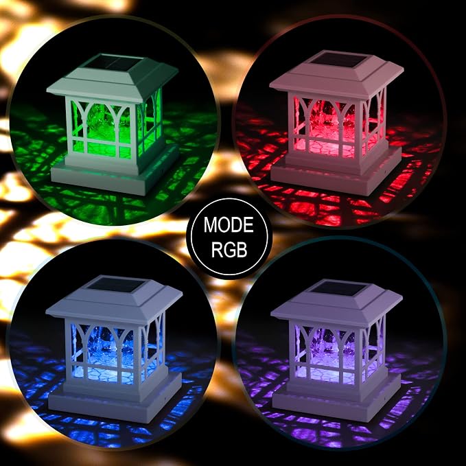 Solar Post Cap Lights, Warm White & RGB Automatic Cycling, Cracked Glass Bulb, 20 Lumens lP65 Waterproof Fit 3.6x3.6 4x4 4.5x4.5 5x5 Wood Fence Post Solar Powered Lights White (2 Pack)