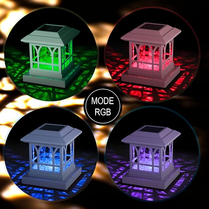 Solar Post Cap Lights, Warm White & RGB Automatic Cycling, Cracked Glass Bulb, 20 Lumens lP65 Waterproof Fit 3.6x3.6 4x4 4.5x4.5 5x5 Wood Fence Post Solar Powered Lights White (6 Pack)