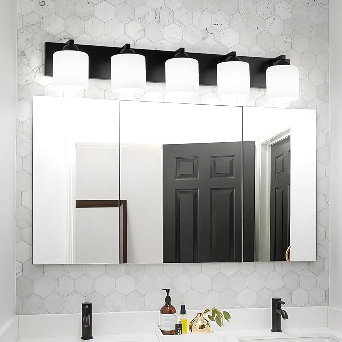 mirrea 38-Inch 5-Light Black Vanity Lights for Bathroom, Vanity Lighting Fixtures with Etched White Glass Shades