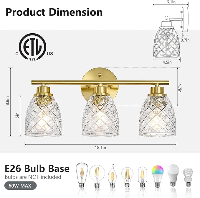 3-Light Bathroom Light Fixtures, Modern Brushed Gold Vanity Light Over Mirror, Wall Sconce with Clear Hammered Glass Shades, E26 Base (Bulbs Not Included)