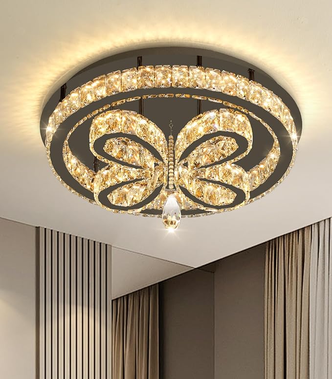 20'' Modern Crystal Chandelier LED Dimmable Flush Mount Ceiling Light Pendant Light for Living Room Bedroom Dining Room Black