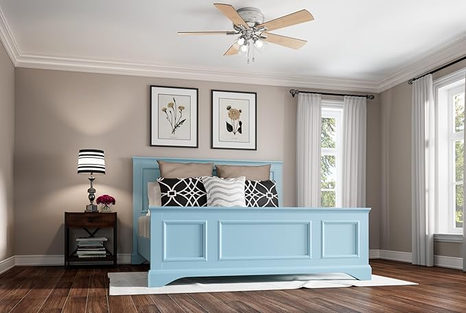 Hunter 52 inch Indoor Ceiling Fan with LED Lights and Pull Chain - Low Profile Mount Ceiling Fan, 5 Blades, For Bedroom, Living Room, or Kitchen, Quiet - Crestfield 54209, Brushed Nickel