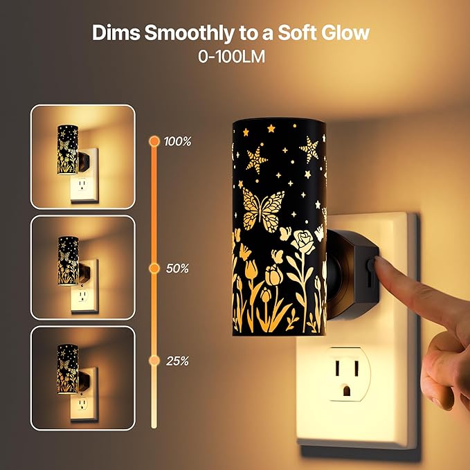 LED Night Lights Plug into Wall, 2-Pack 3000K Bright Plug in Nightlights, Dusk-to-Dawn, Dimmable 0-100LM, Auto-On/Off, Home Decor for Bedroom, Bathroom, Hallway, Kitchen, Black Butterfly