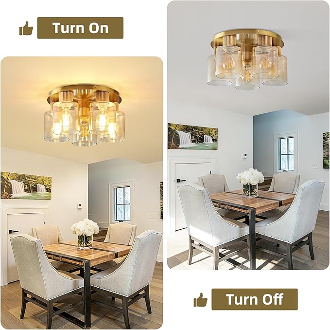5-Lights Semi Flush Mount Ceiling Light Kitchen Lighting Fixtures Ceiling Gold Solid Wood Kitchen Cieling Light Fixtures with Clear Glass Shade for Dining Room Entryway Foyer Hallway