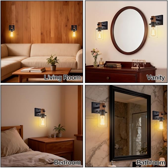 Rustic Wall Sconces,Hardwired 1-Light Farmhouse Sconce with Clear Glass Cylinder Shade,Matte Black Metal & Wood Wall Light,E26 Indoor Bathroom Vanity Fixture for Mirror,Bedroom,Hallway