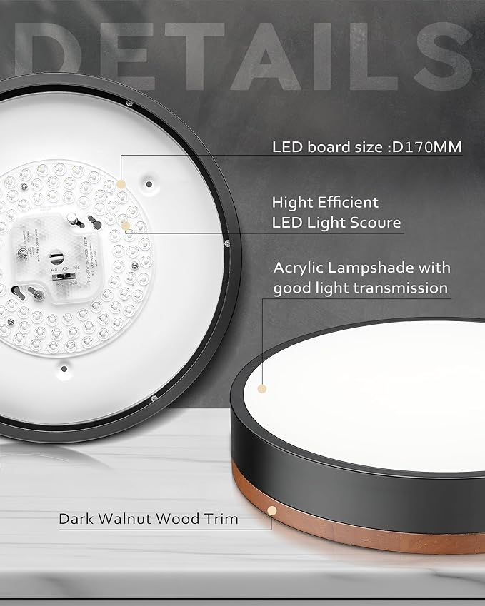 Ken & Ricky 12 Inch Wood Flush Mount Ceiling Light Fixtures,Round Flat Led Ceiling Light Dimmable,Close to Ceiling Light Fixtures for Kitchen Bathroom Bedroom Hallway 5CCT 24W 1PK