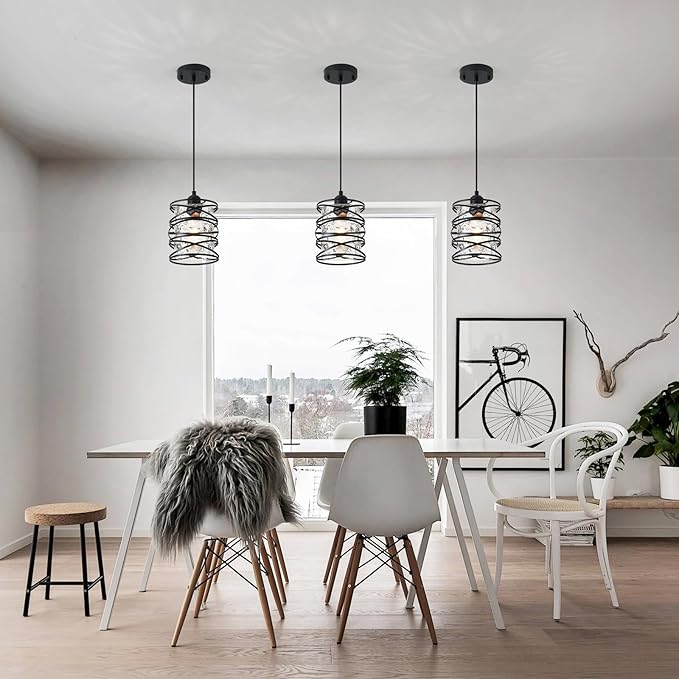 Black Mini Pendant Light Fixture 1-Pack Modern Kitchen Island Pendant Lighting 6.3 Inch Spiral Cage Handblown Hammered Seeded Glass Shade for Dining Room Bedroom Foyer Hallway Bar, E26